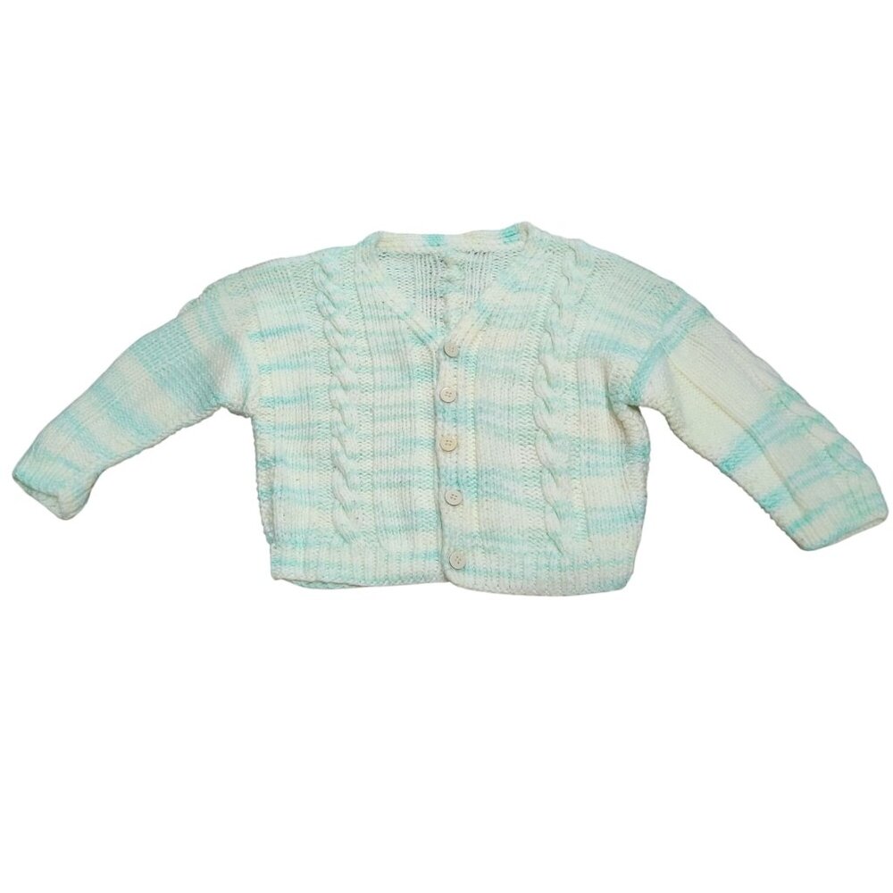 Handmade 0–6M Cable Knit Baby Cardigan Sweater Pastel Green Yellow White Vintage
